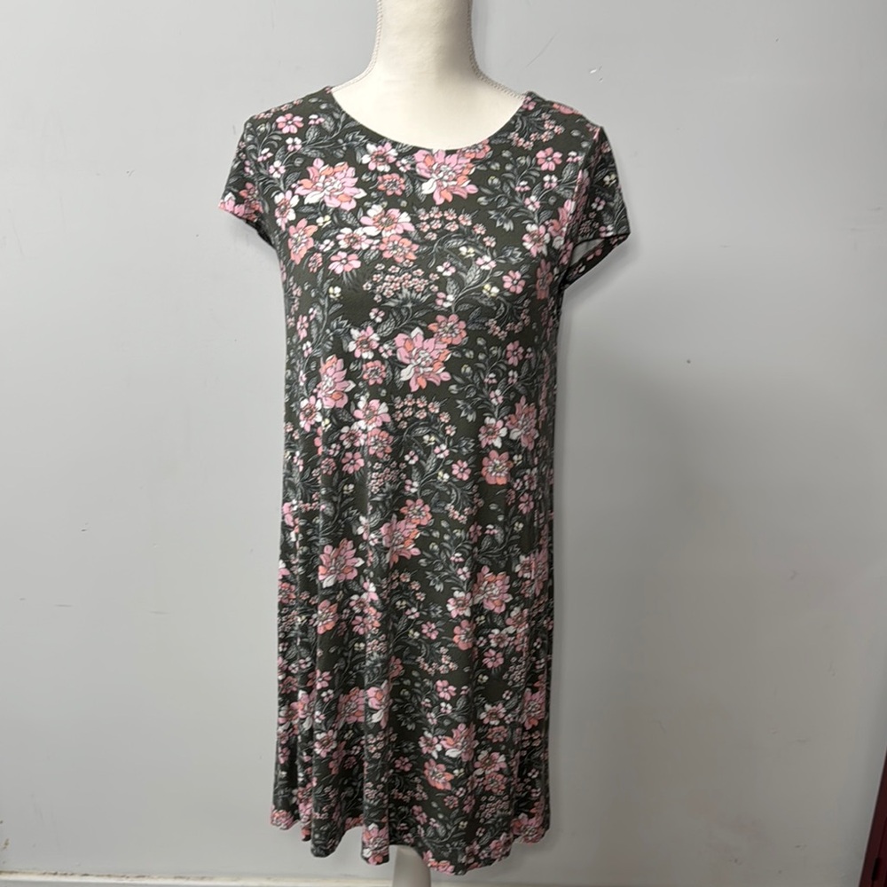 Loft Green Swing Dress Floral Cap Sleeves Above Knee Cottagecore Feminine Small